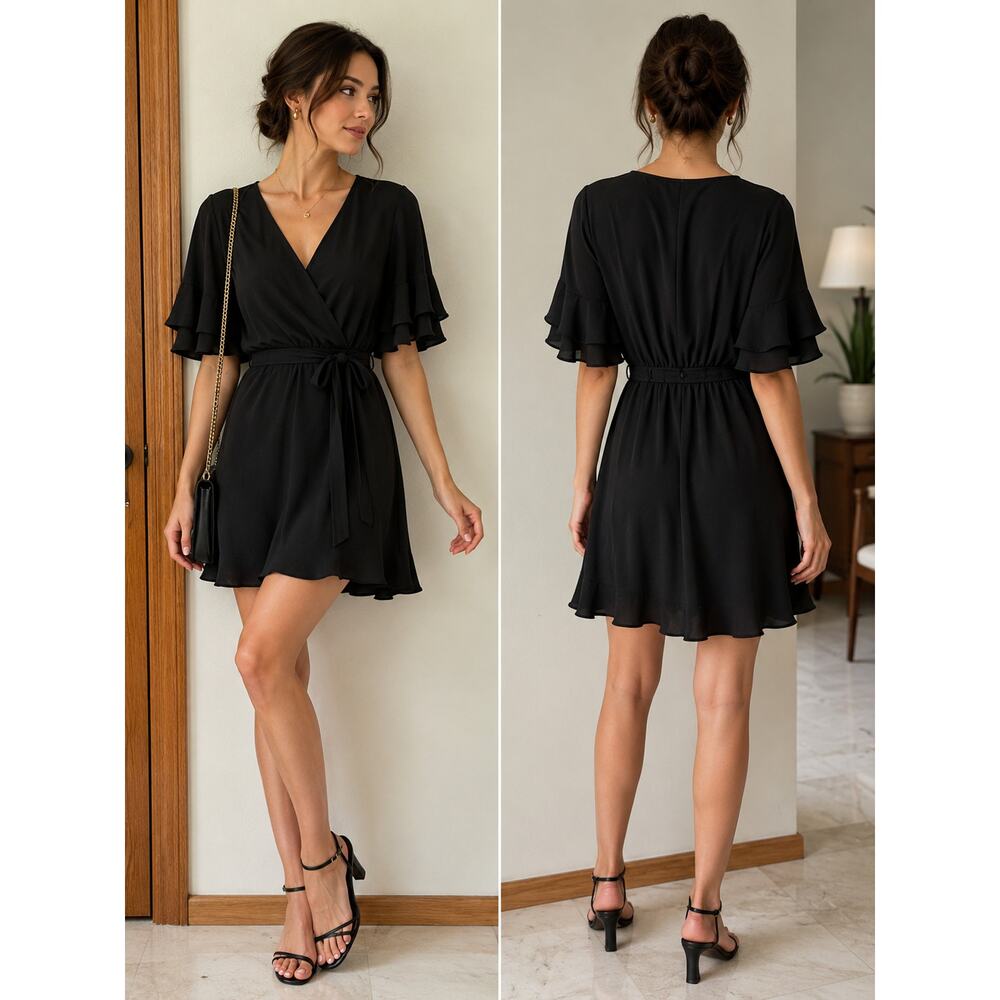 City Chic Black Faux Wrap Flutter Sleeve Mini Dress Plus Size M/18